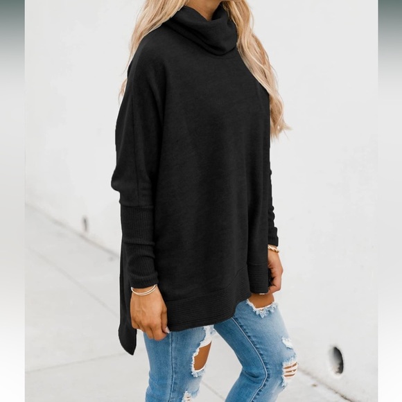 Casual Turtleneck Batwing Sleeve Side Slit Loose Knitted Pullover Tunic Sweater - Picture 6 of 12